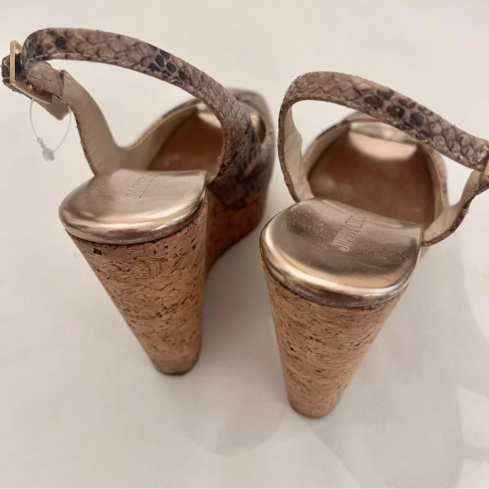 Jimmy Choo Snakeskin Leather Cork Slingback Wedge 38